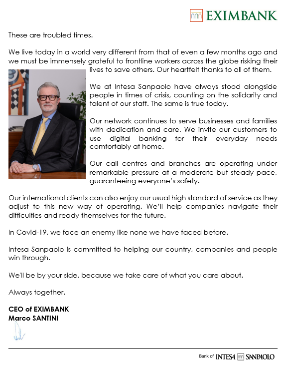 Mesajul Directorului General & CEO al EXIMBANK